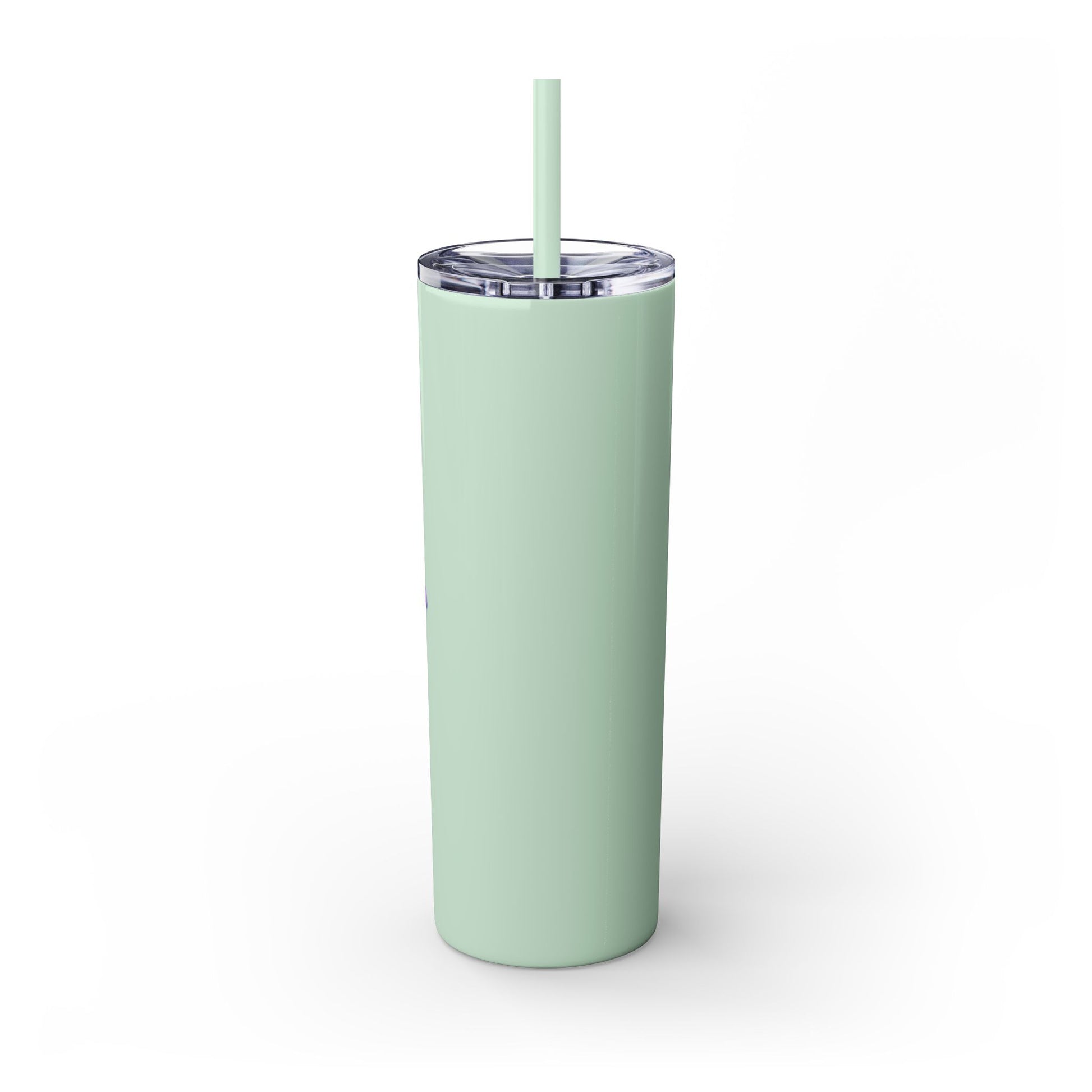 Mint green tumbler with a straw on a white background