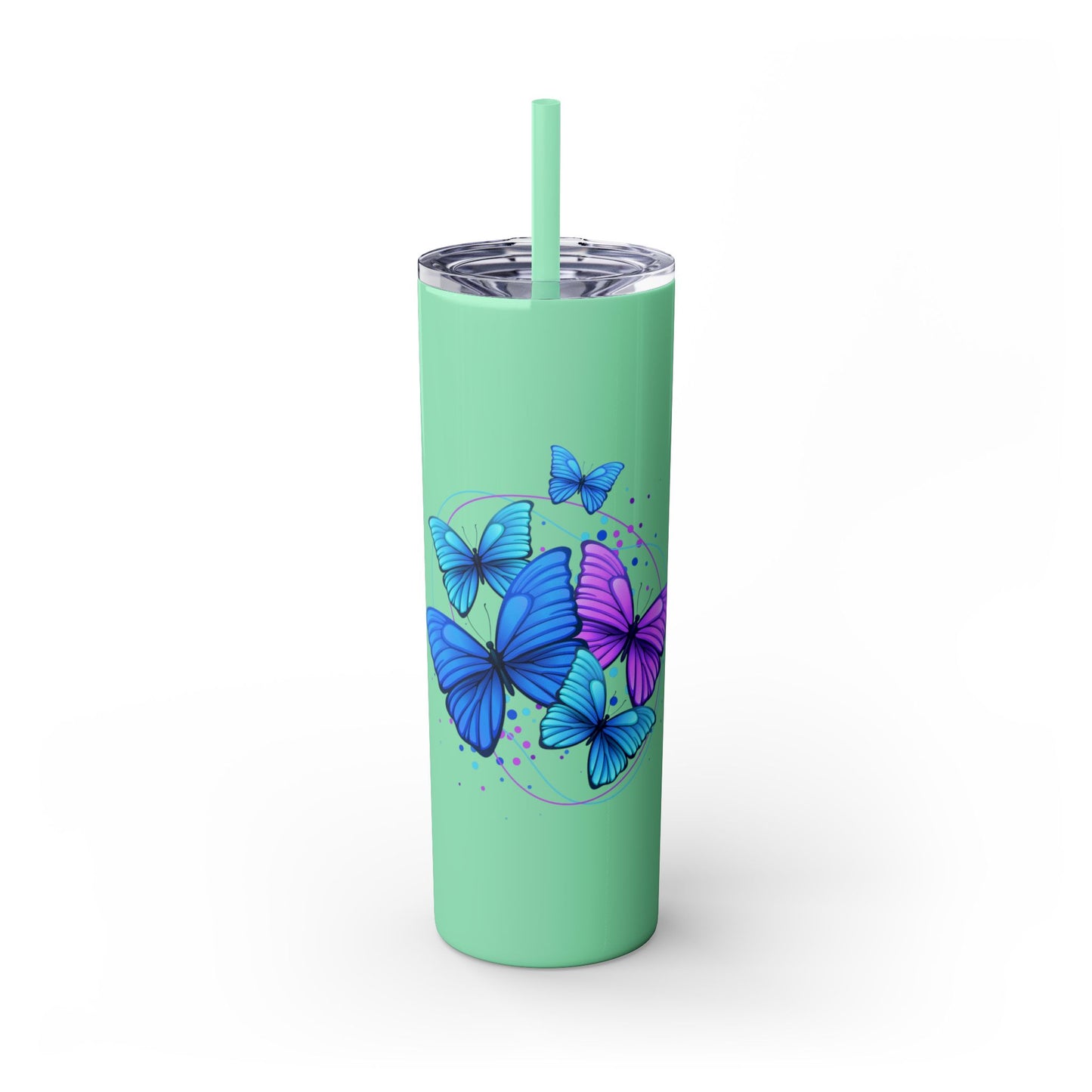 Mint green tumbler with blue and purple butterfly designs on a white background