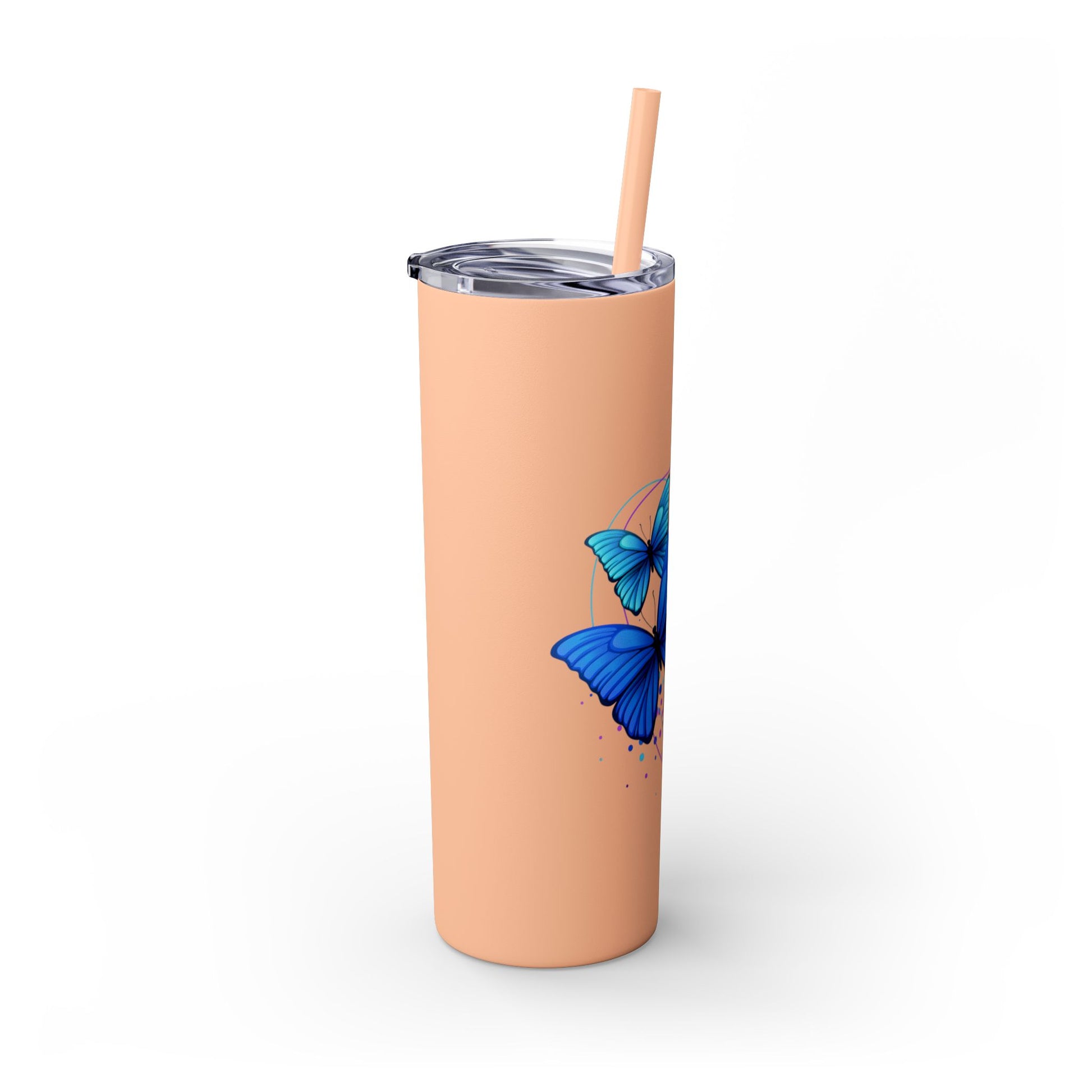 Peach-colored tumbler with a blue butterfly design on a white background