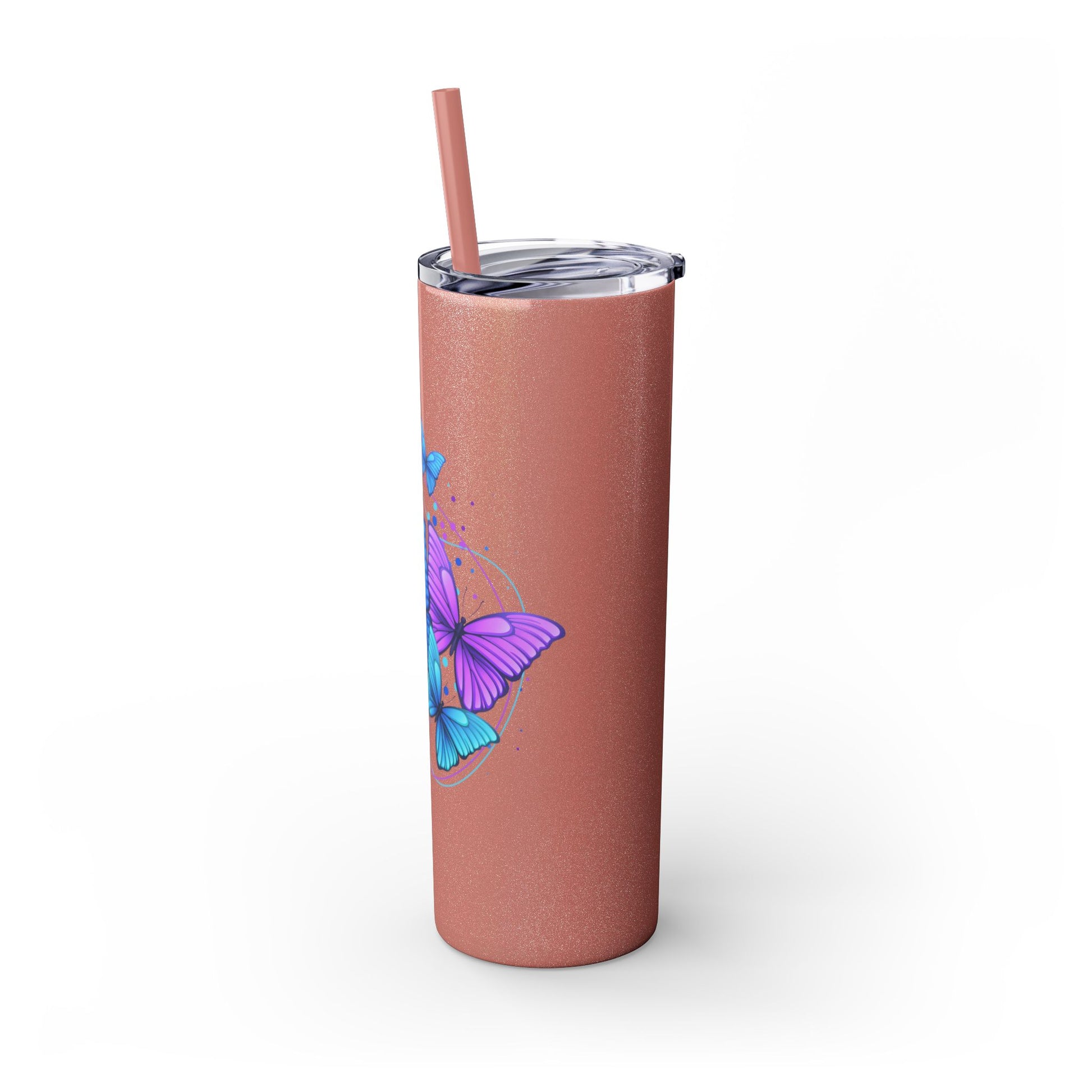 Pink tumbler with a butterfly design on a white background