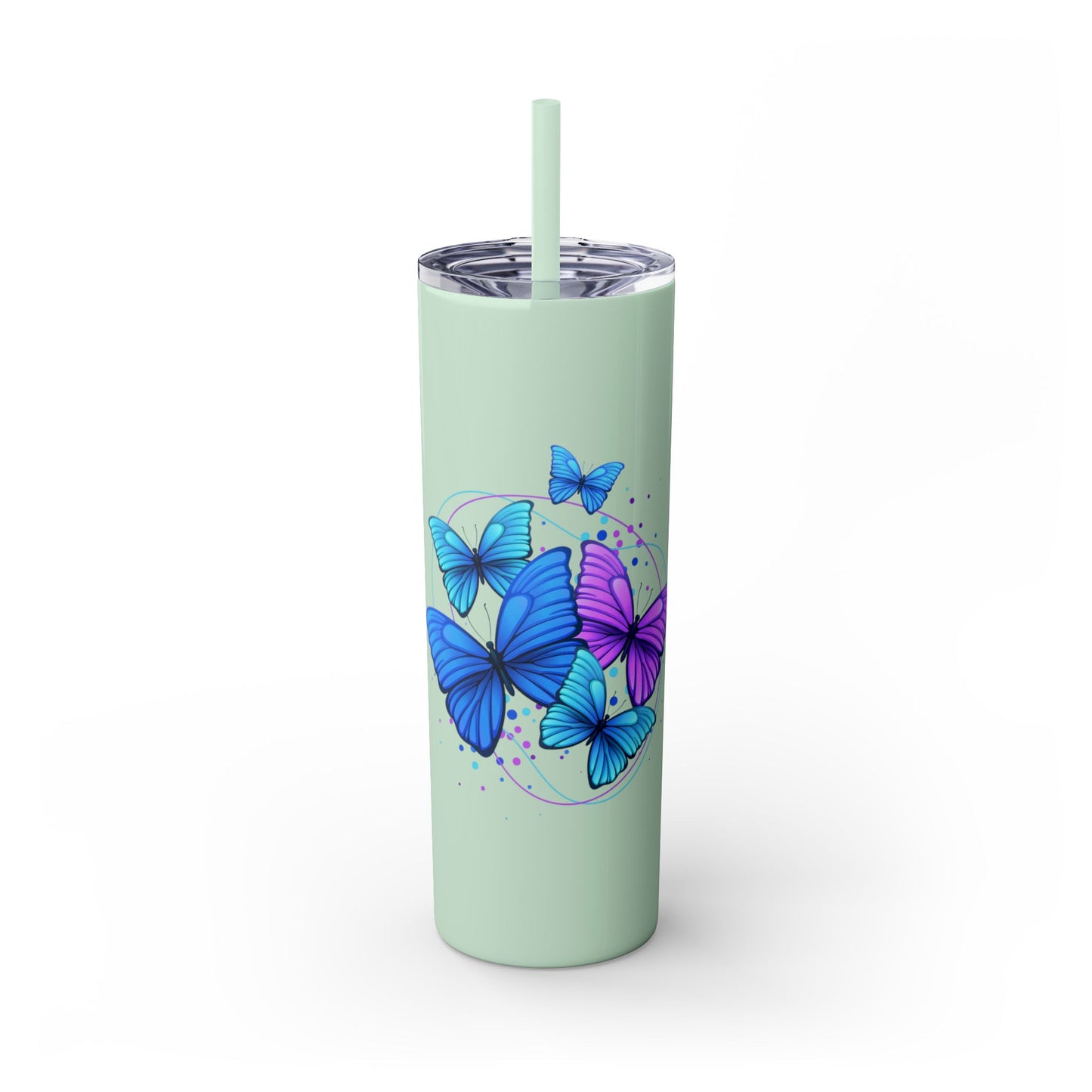 Mint green tumbler with blue and purple butterfly design on a white background