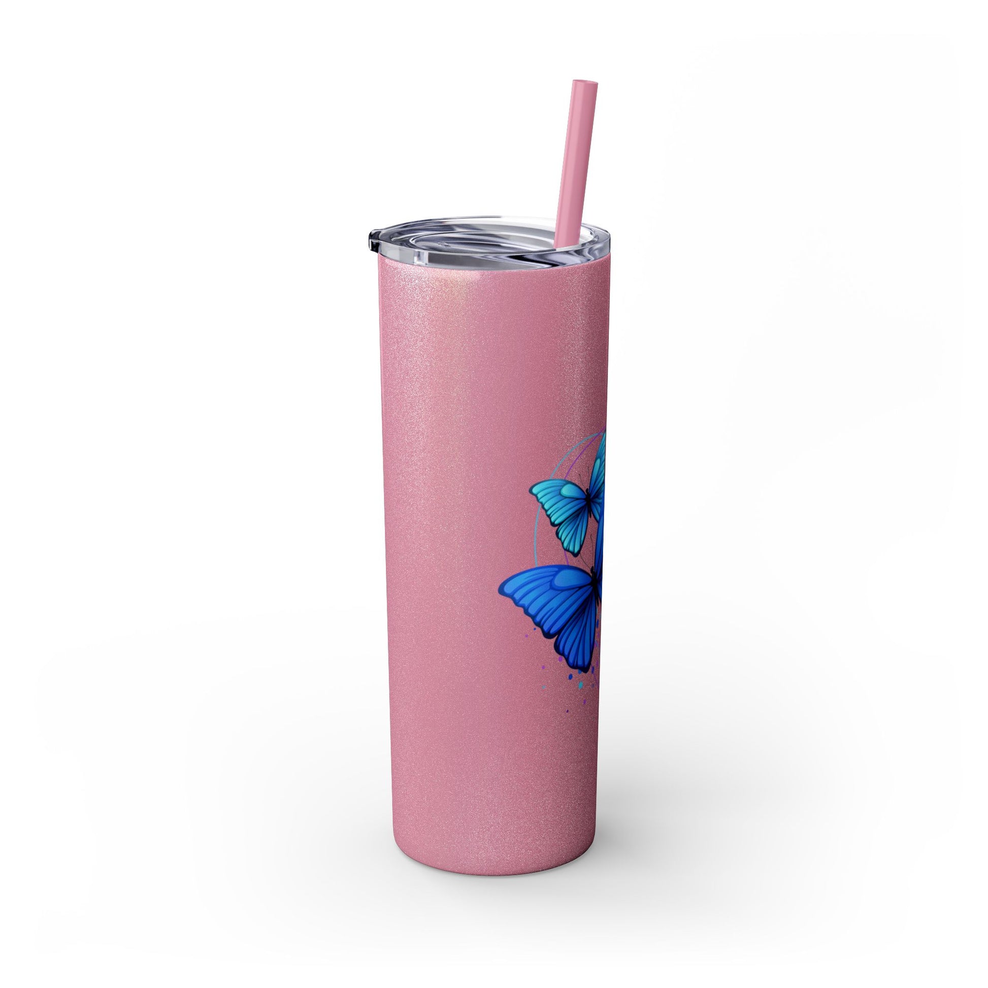 Pink tumbler with a blue butterfly design on a white background