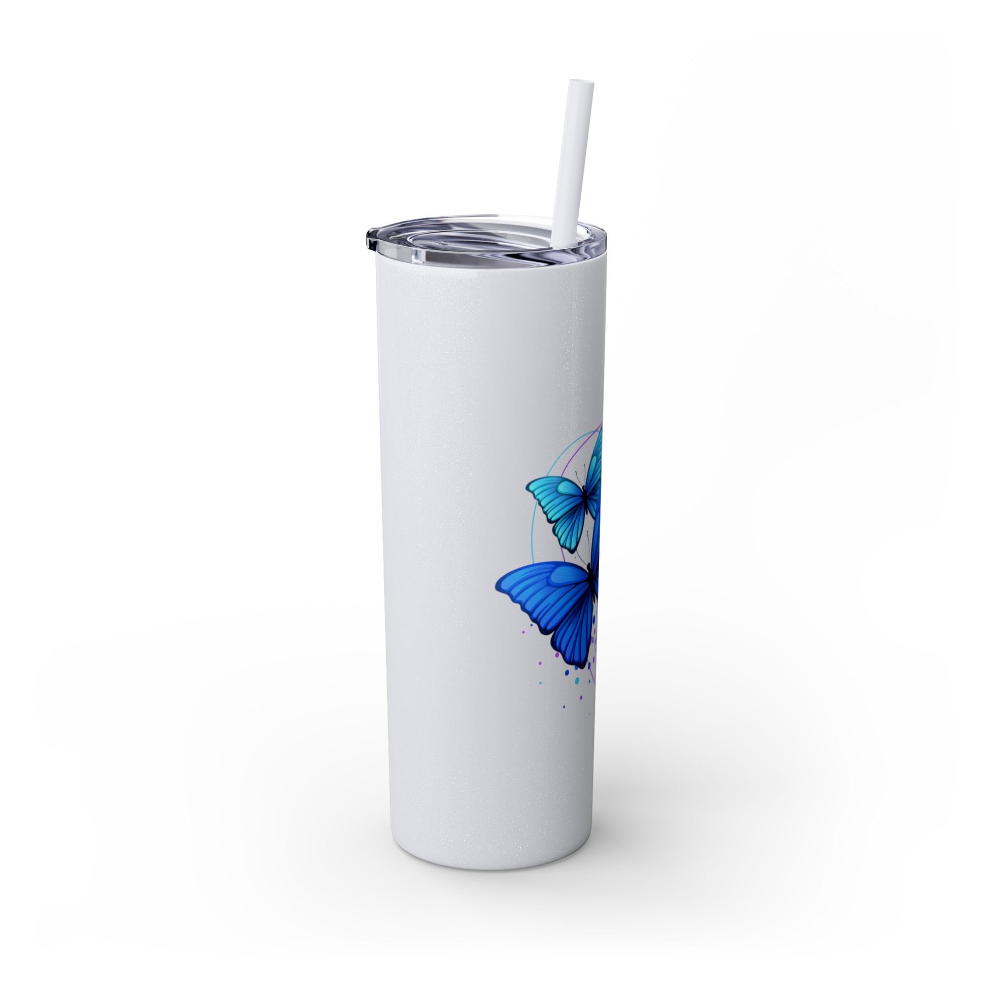 White tumbler with blue butterfly design on a white background