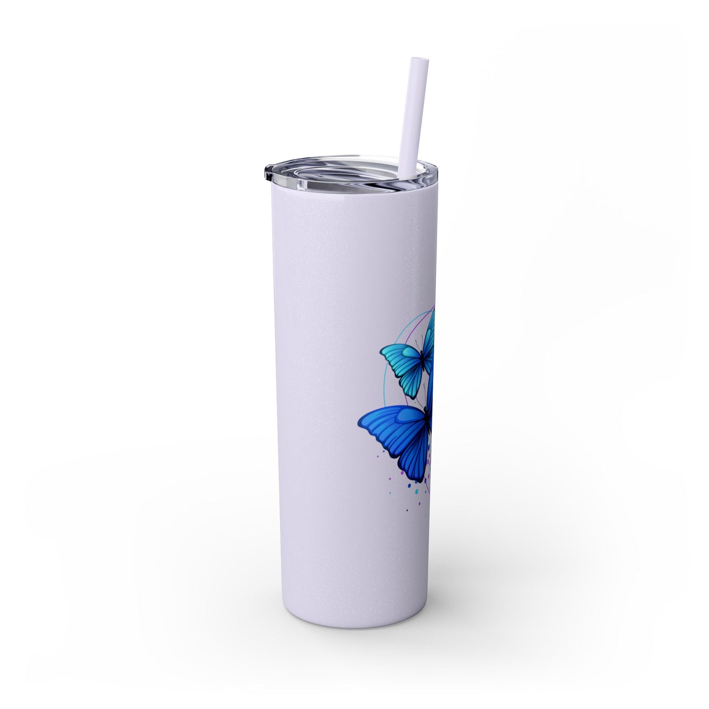 Lilac tumbler with a blue butterfly design on a white background