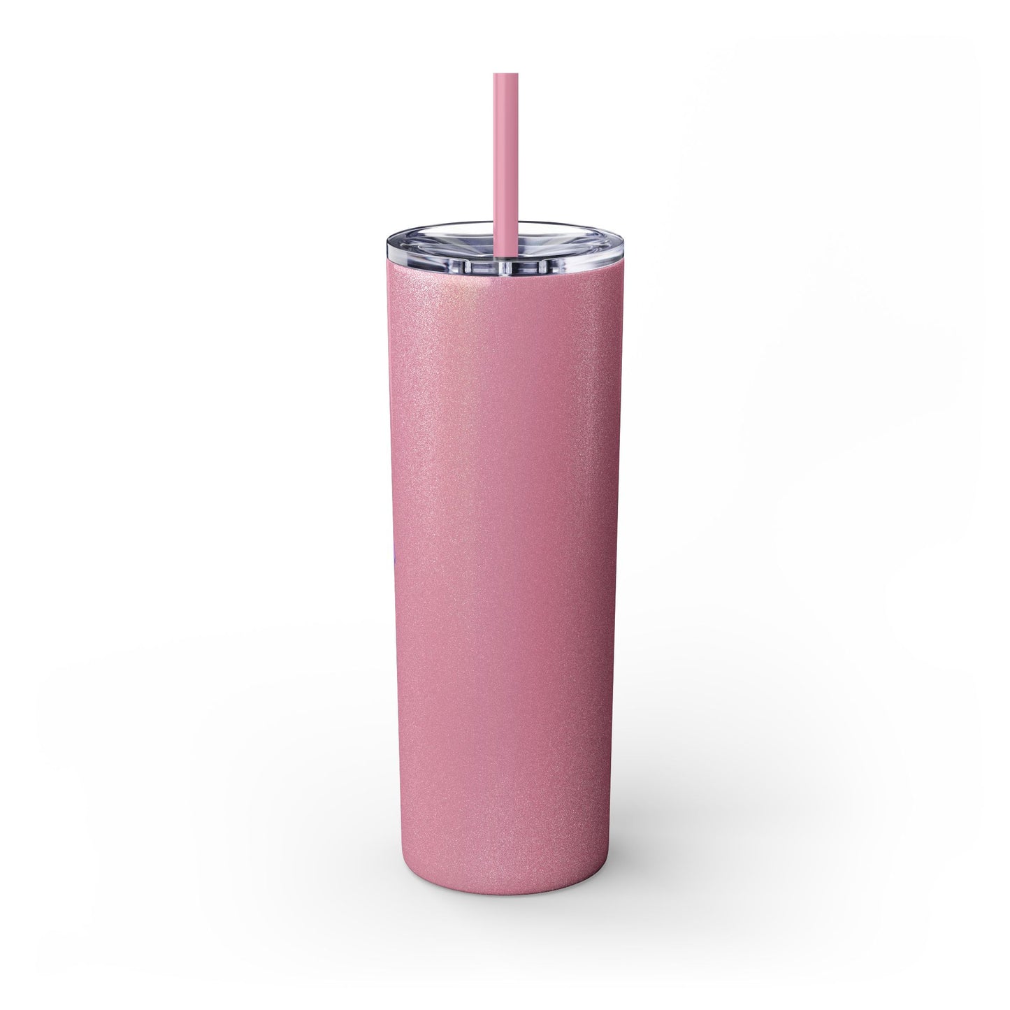 Pink tumbler with a straw on a white background