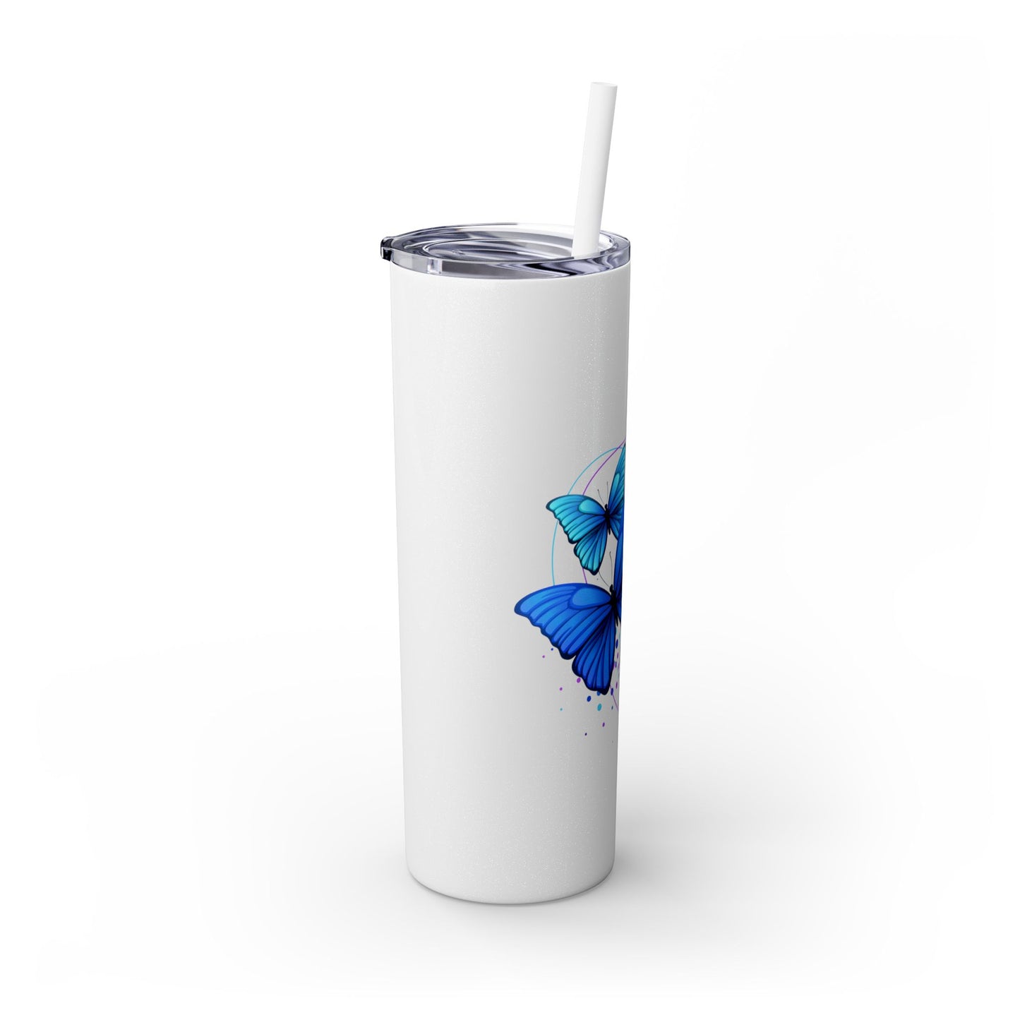 White tumbler with a blue butterfly design on a white background
