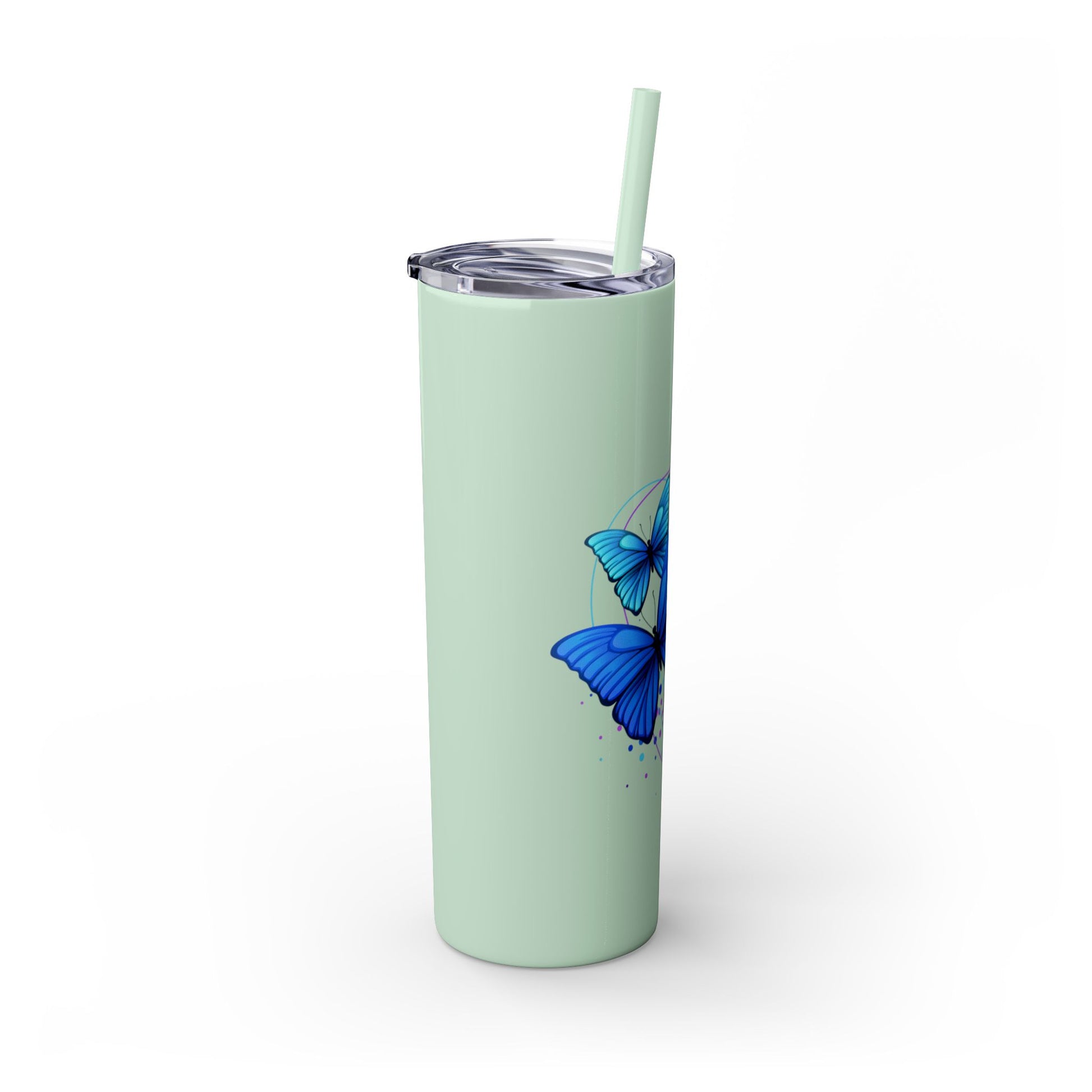 Mint green tumbler with a blue butterfly design on a white background