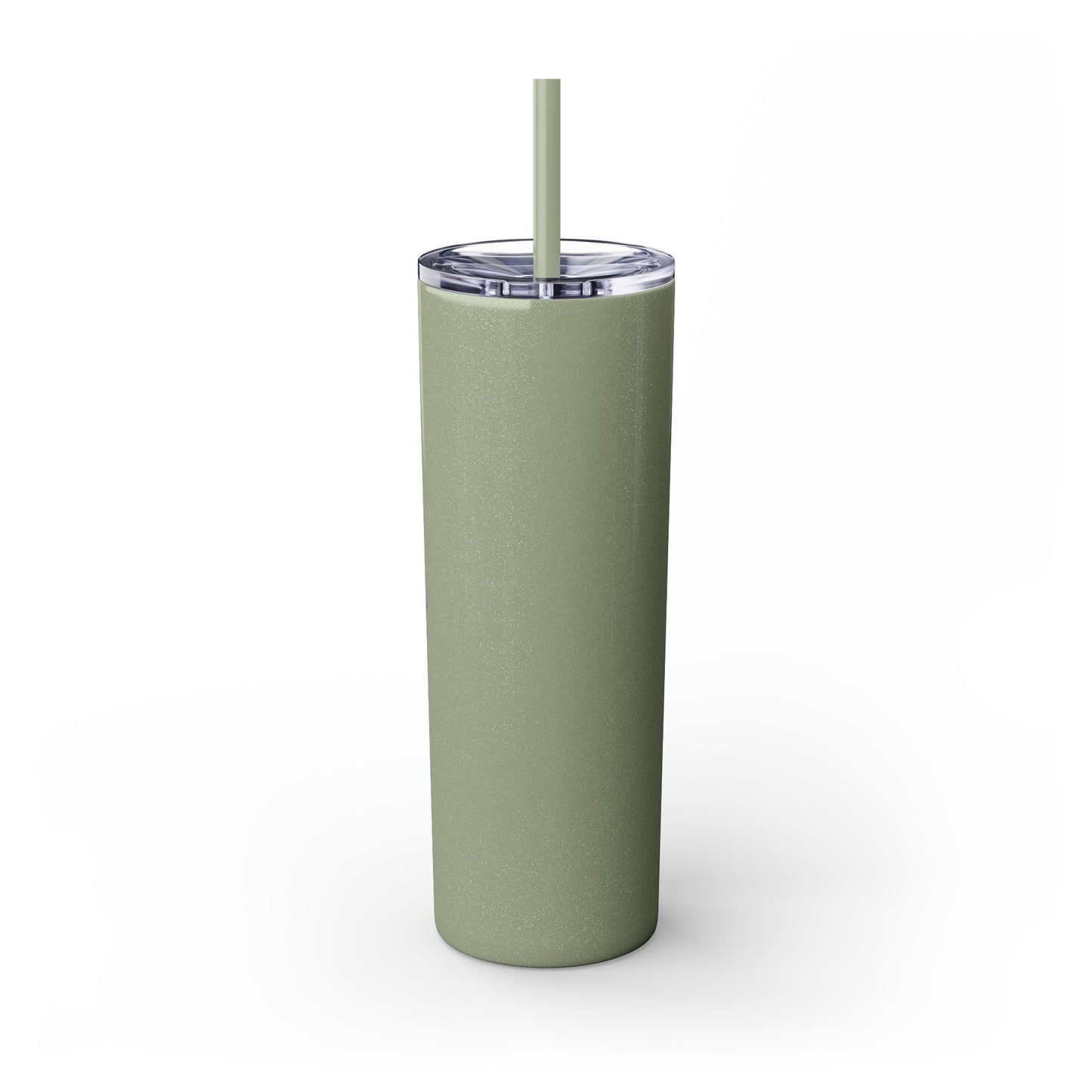 Green tumbler with a straw on a white background