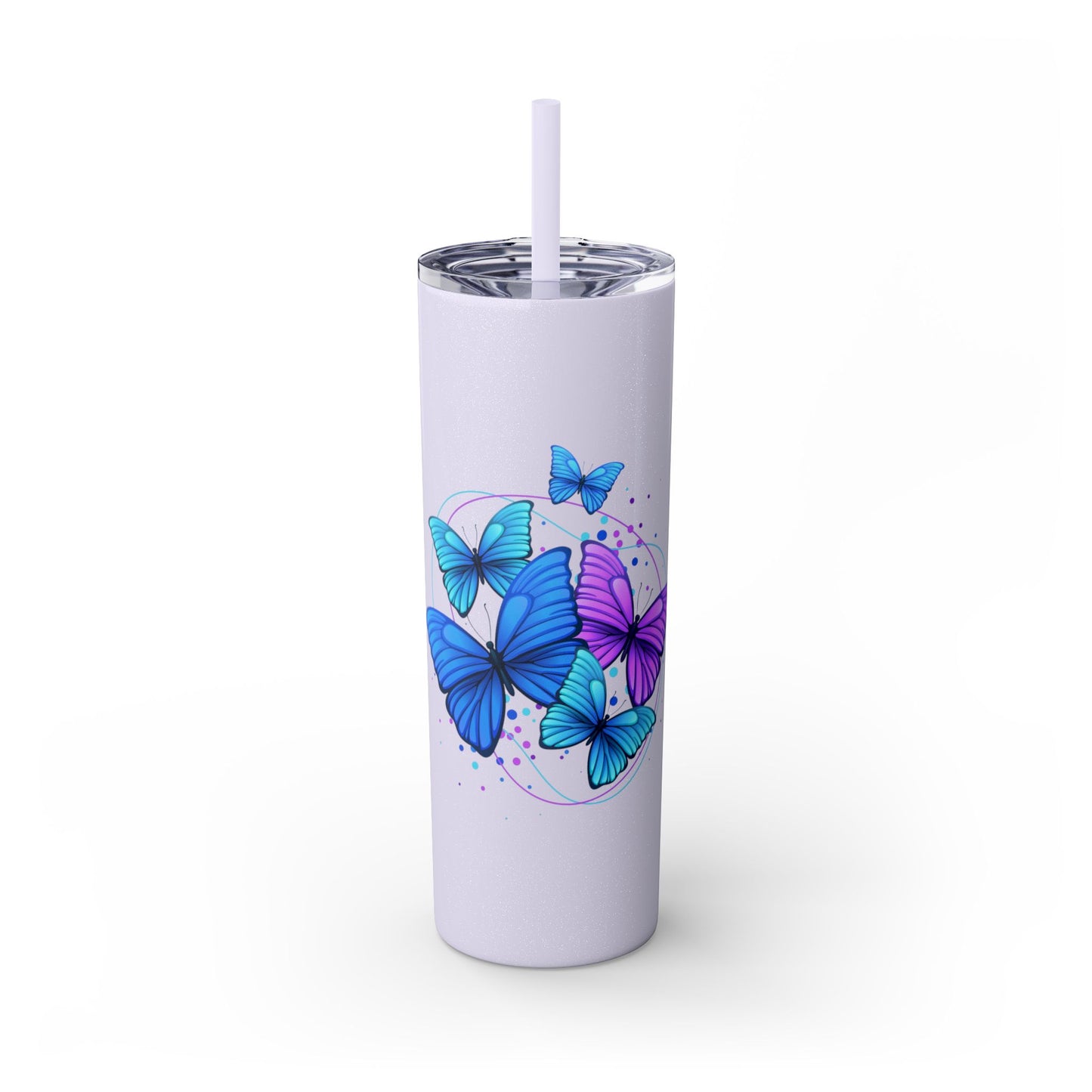 soft Lilac tumbler with blue and purple butterfly design on a white background