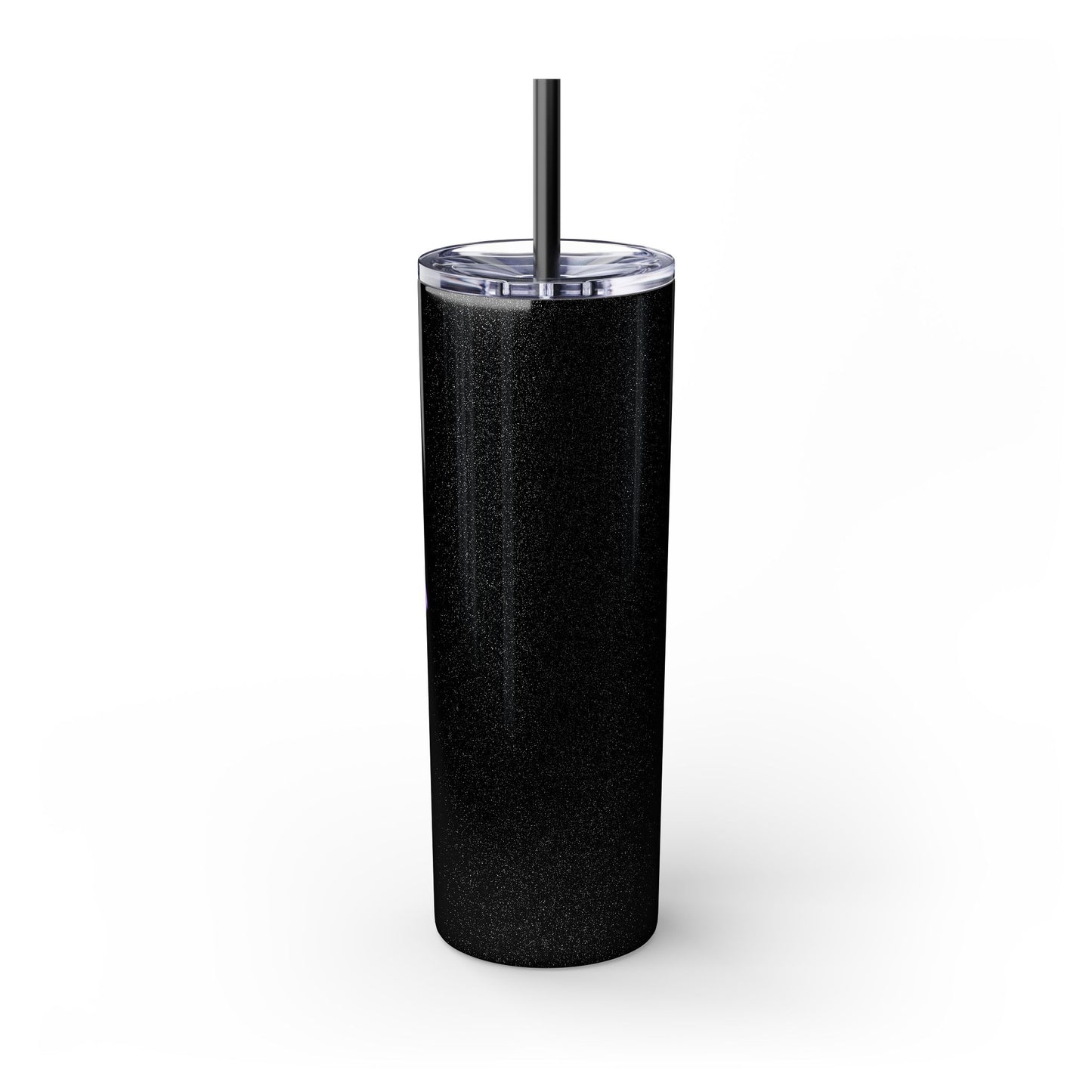 Black tumbler with a straw on a white background