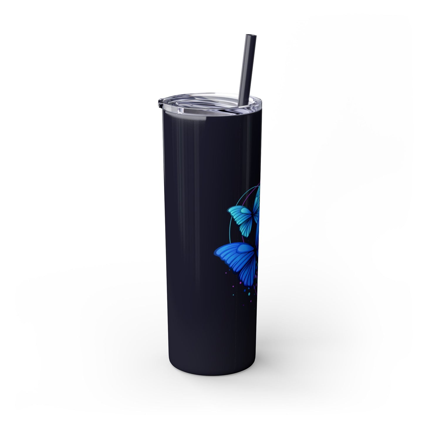 Black tumbler with blue butterfly design on a white background