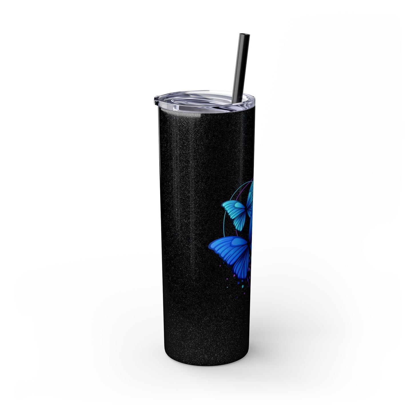 Black tumbler with blue butterfly design on a white background