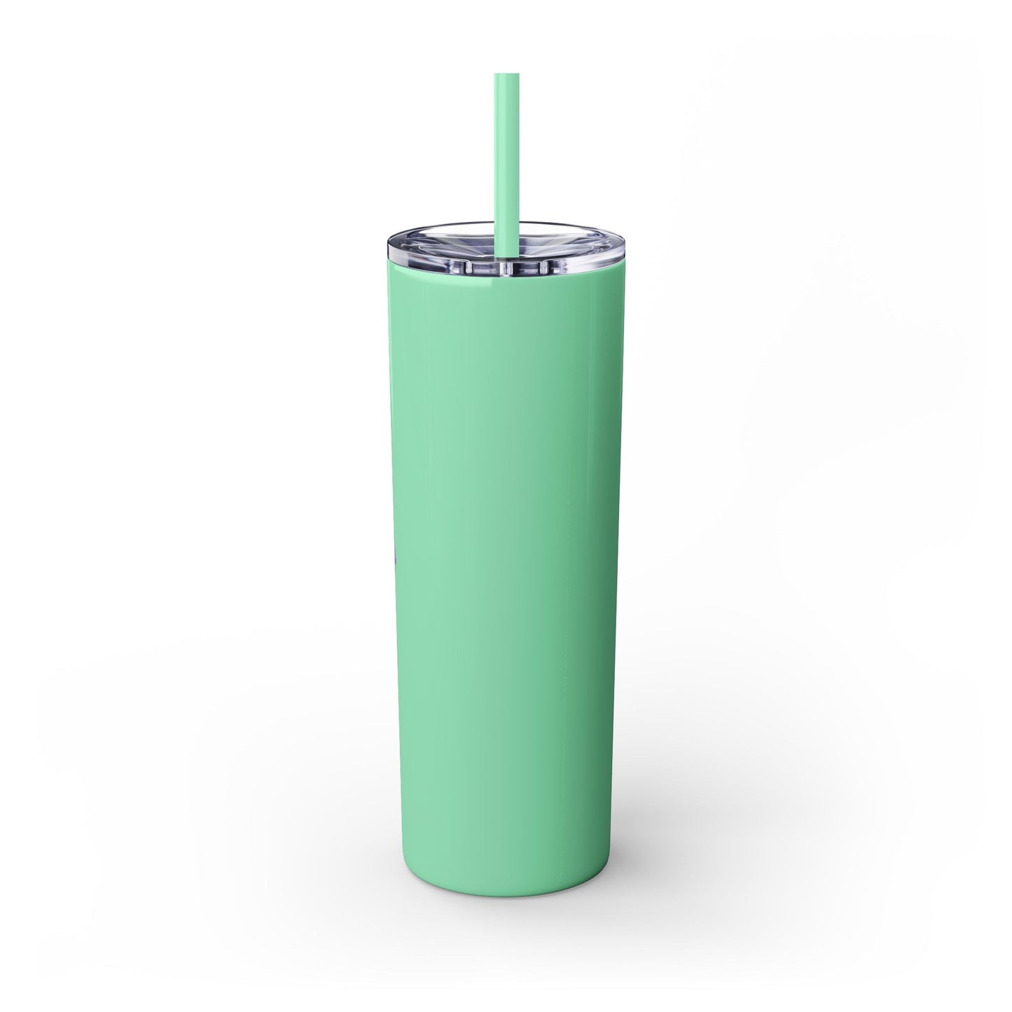 Mint green tumbler with a straw on a white background