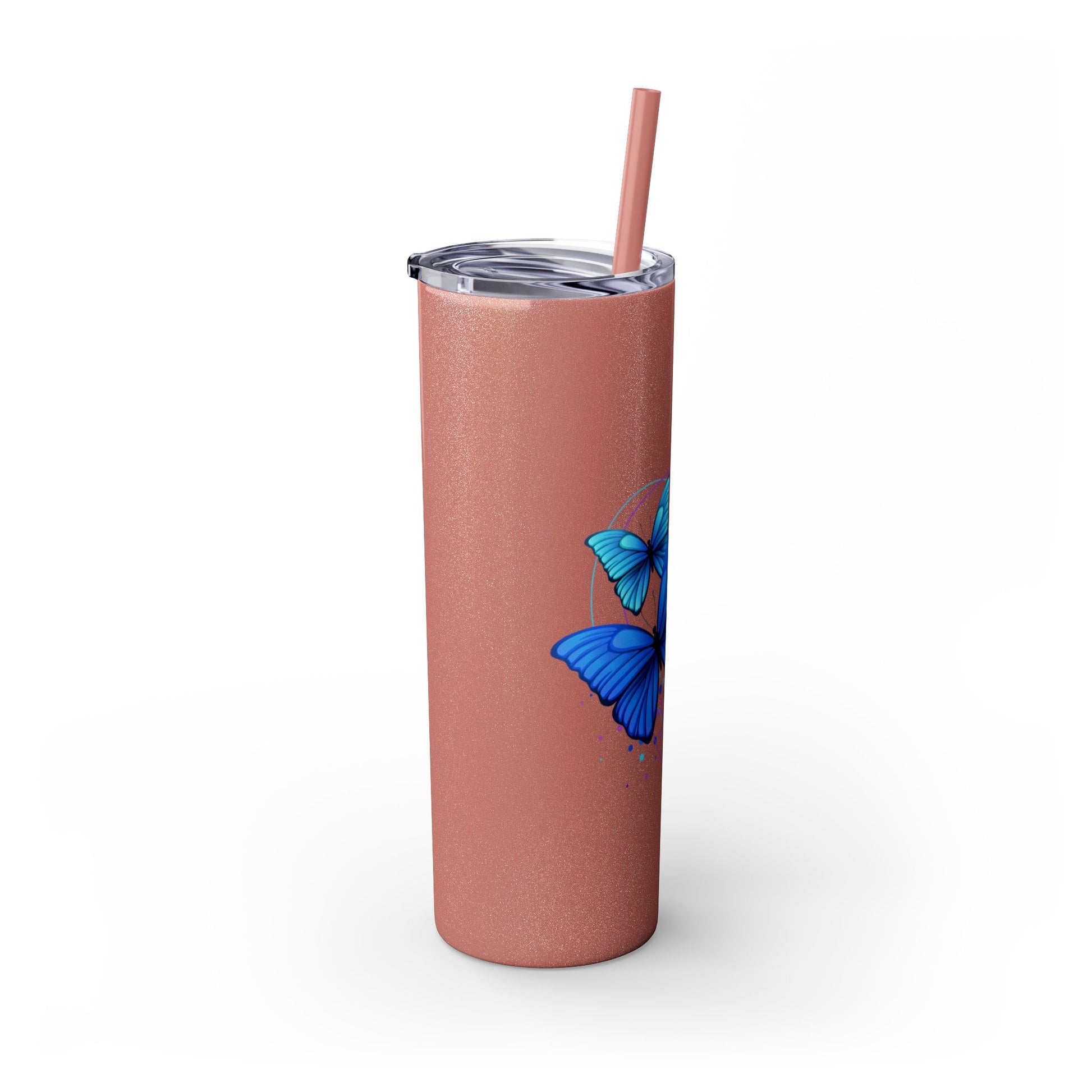 Pink tumbler with a blue butterfly design on a white background