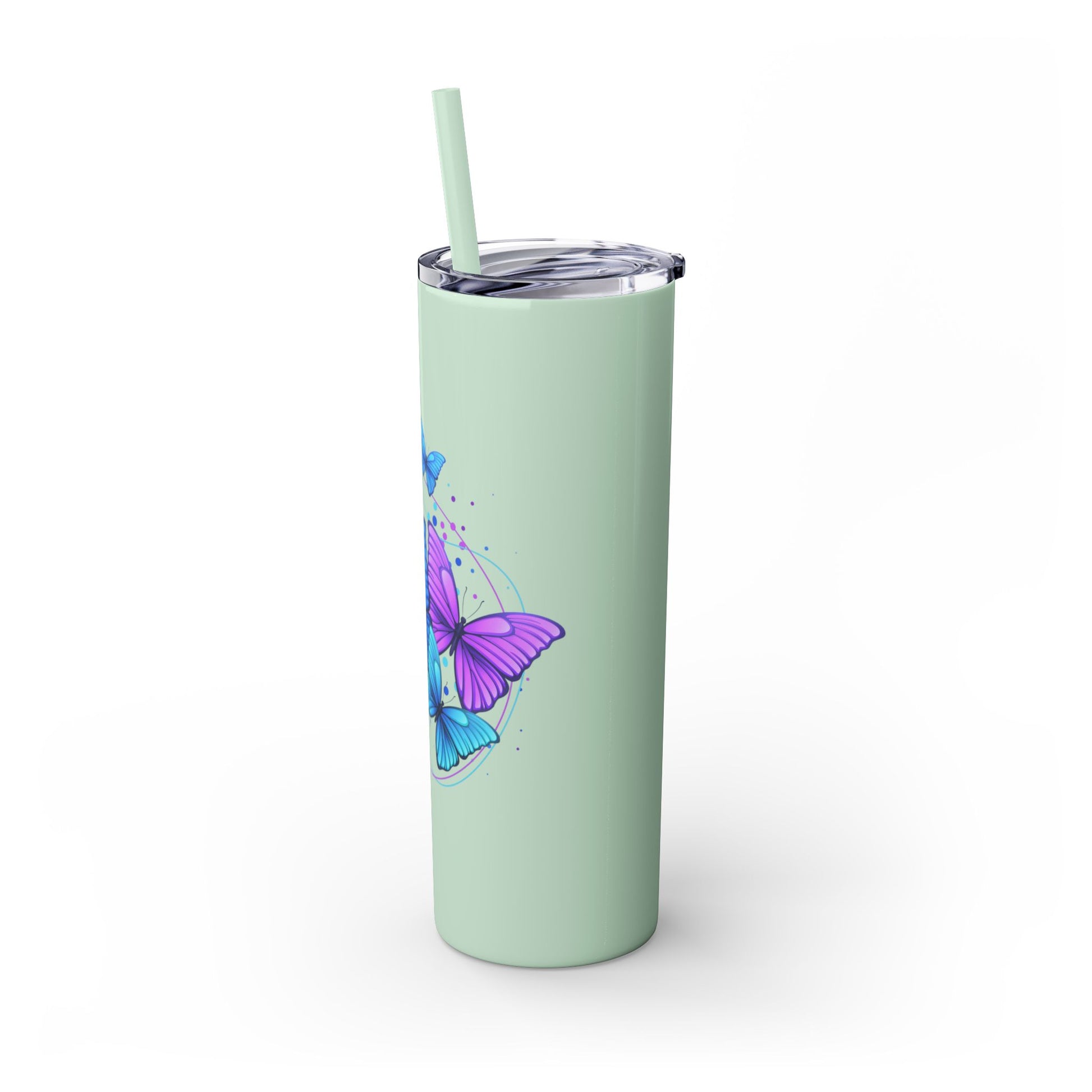 Mint green tumbler with a purple butterfly design on a white background