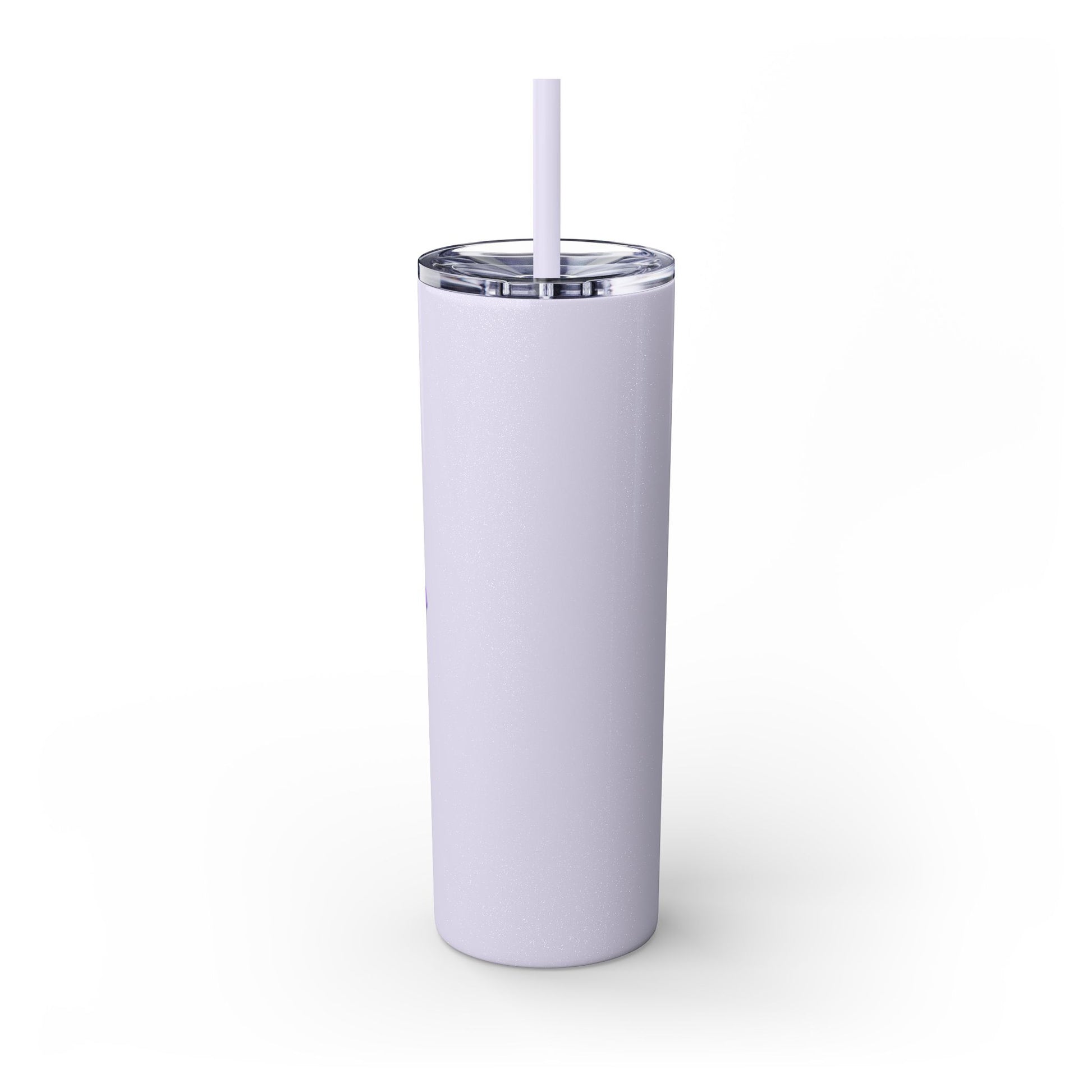 Lilac tumbler with a straw on a white background