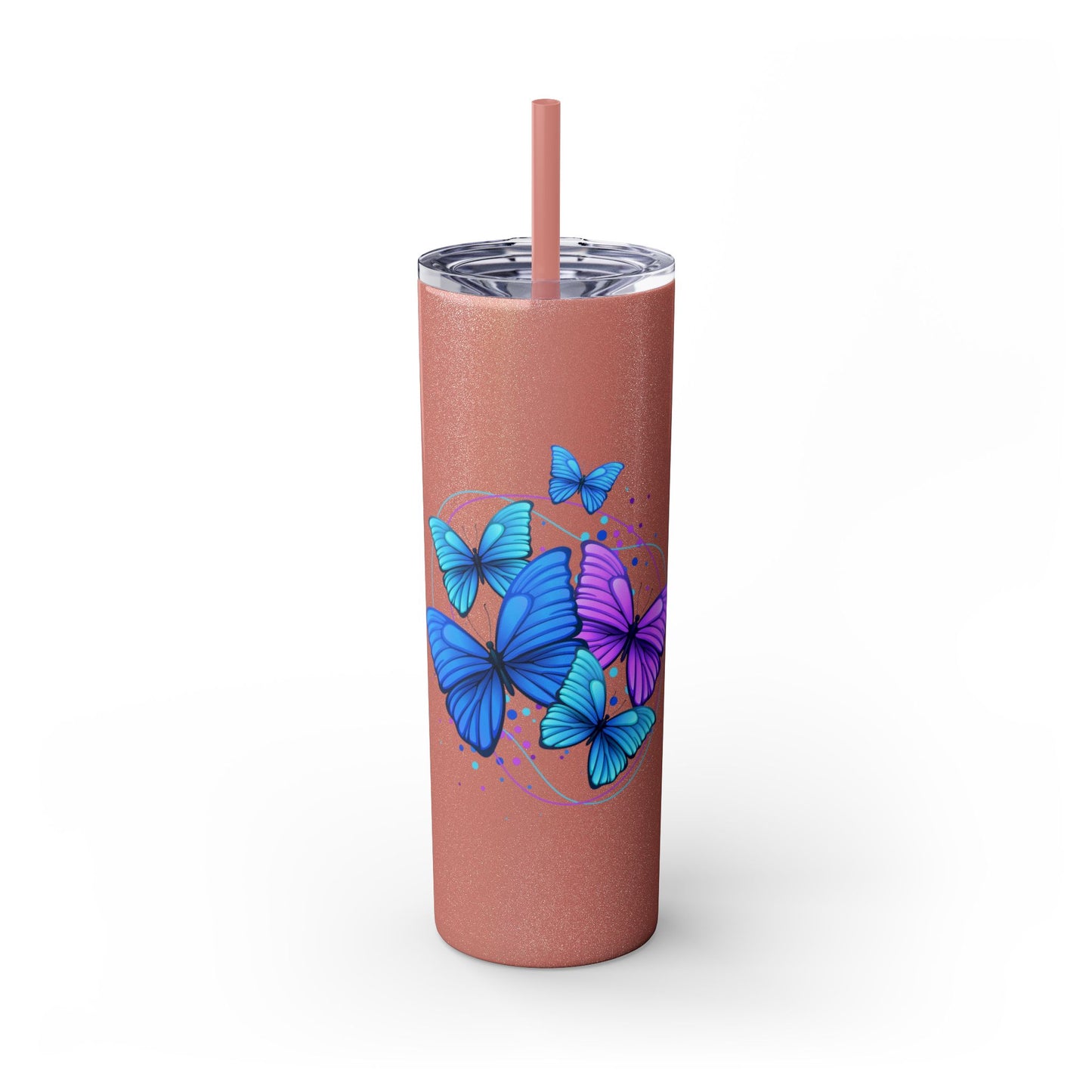 Tumbler with blue butterfly design on a white background