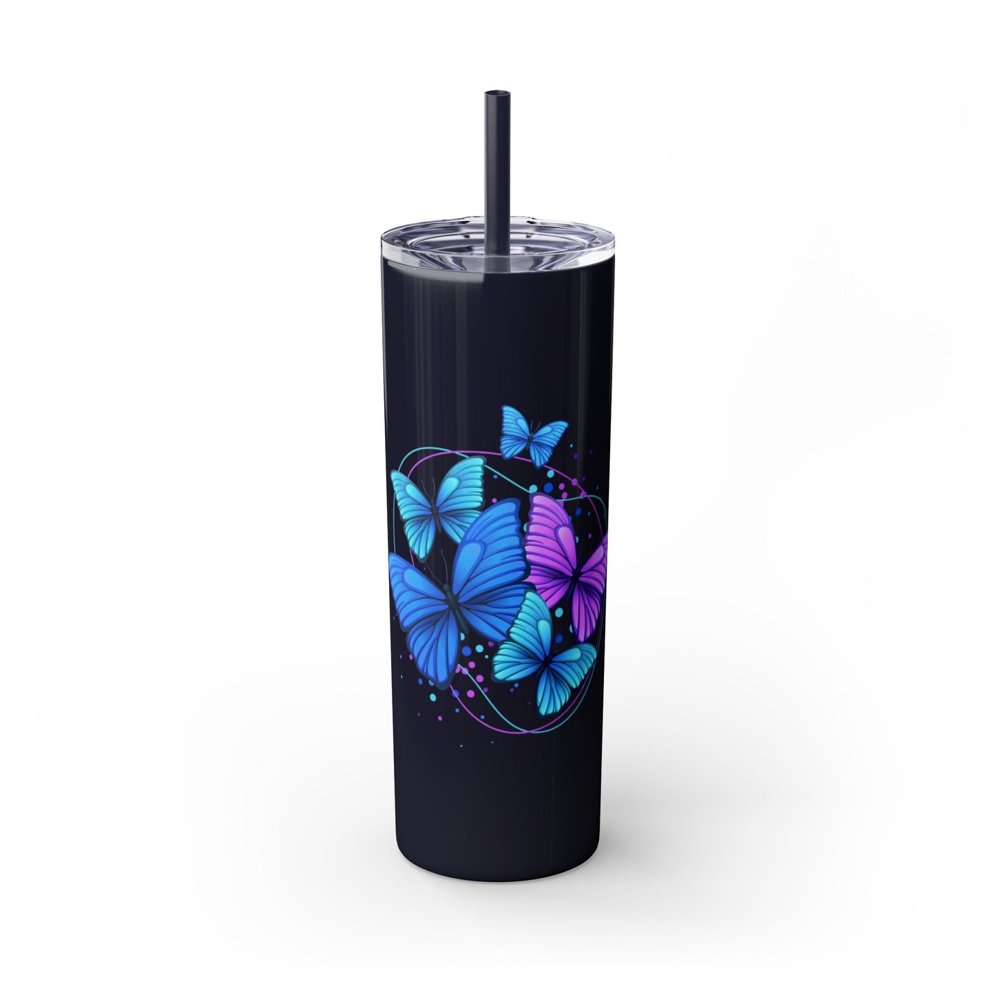 Black tumbler with blue and purple butterfly design on a white background