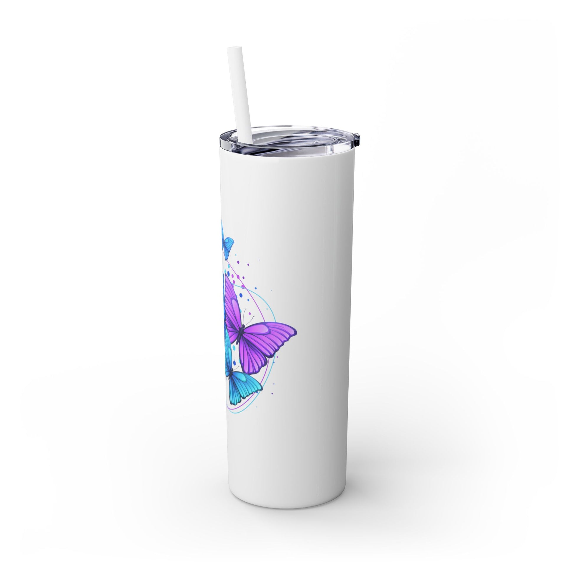 White tumbler with a purple butterfly design side view on a white background