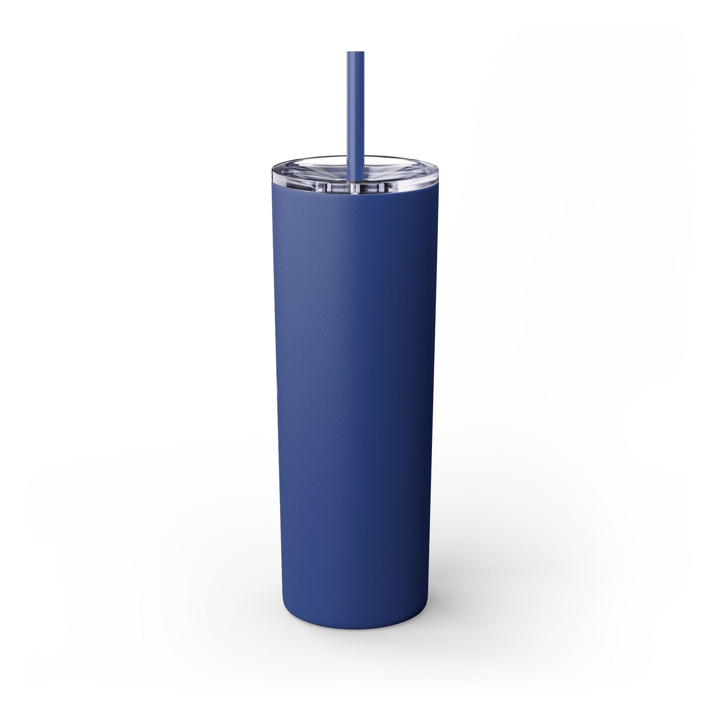 Blue tumbler with a straw on a white background