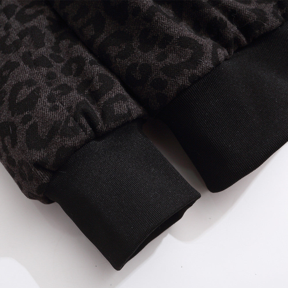 Mountain carving leopard print short hooded cotton jacket
