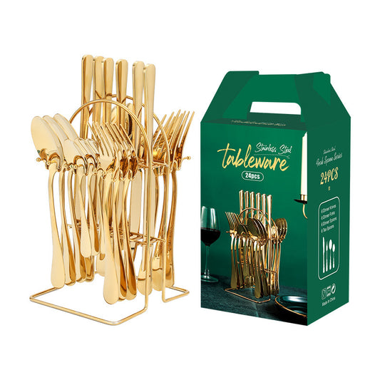 Stainless steel tableware 24 pieces set Western steak knife fork spoon restaurant hotel with storage rack gift box