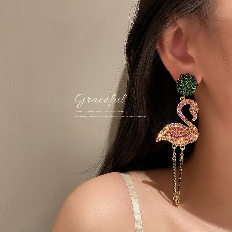 Crystal Pink Flamingo Earrings Tassel Rhinestone Dangle Earrings for Women Long Birds Statement Jewelry Gift Party