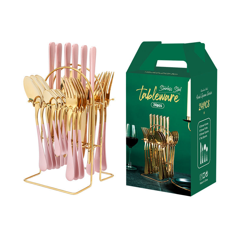 Stainless steel tableware 24 pieces set Western steak knife fork spoon restaurant hotel with storage rack gift box