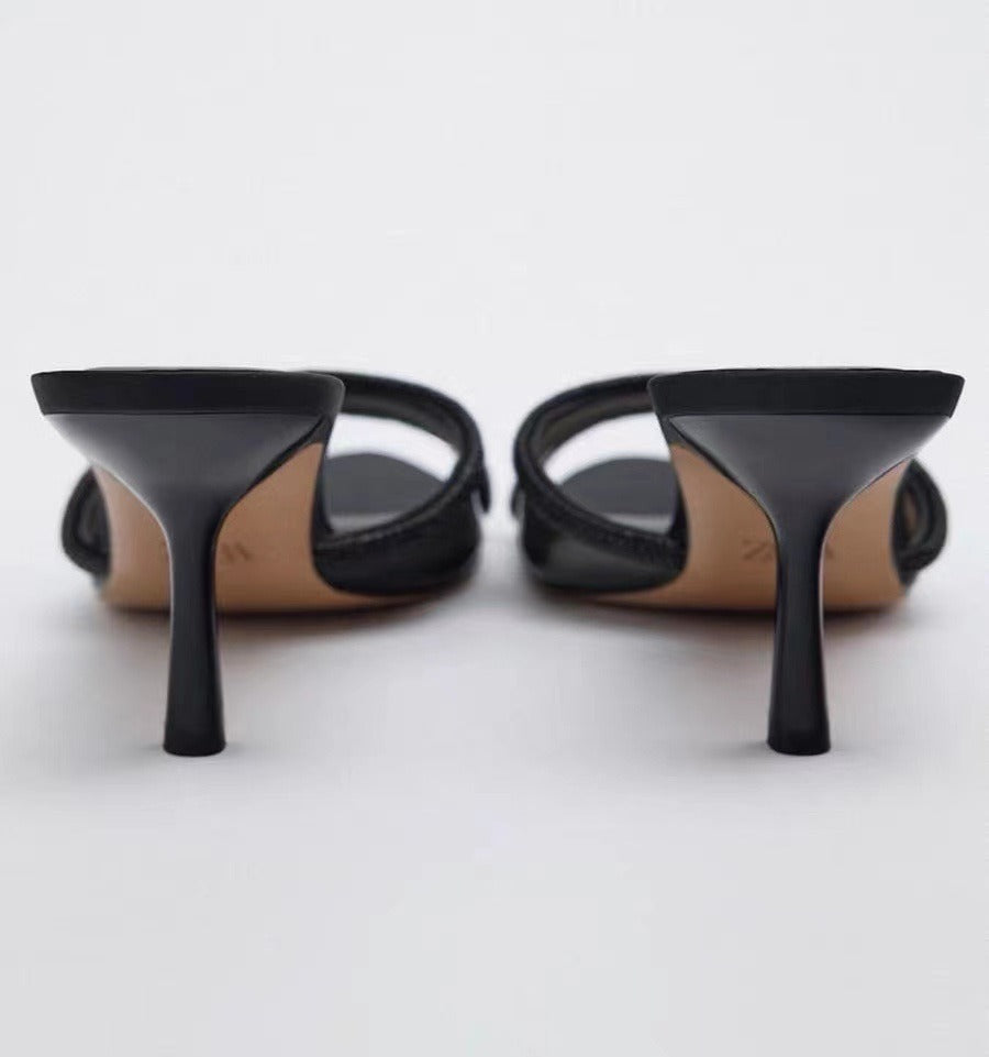Women's Mules Sandals Rhinestone Black Slingback Heel Sandals Ladies Heeled Sandals