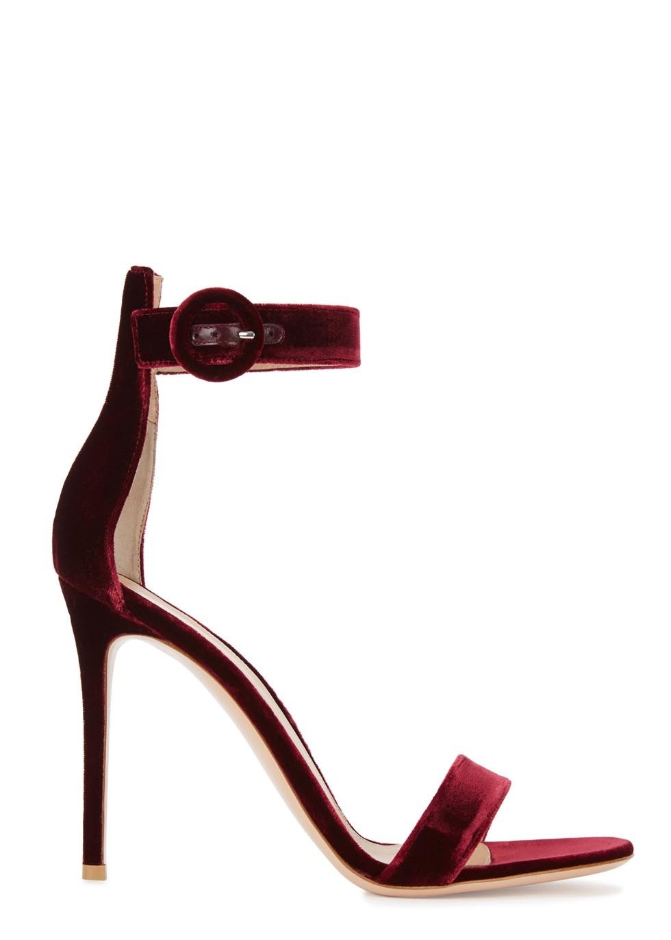 European and American Womens One Line With Ankle Buckle Bag Heel Bare Wine Red Velvet High Heels