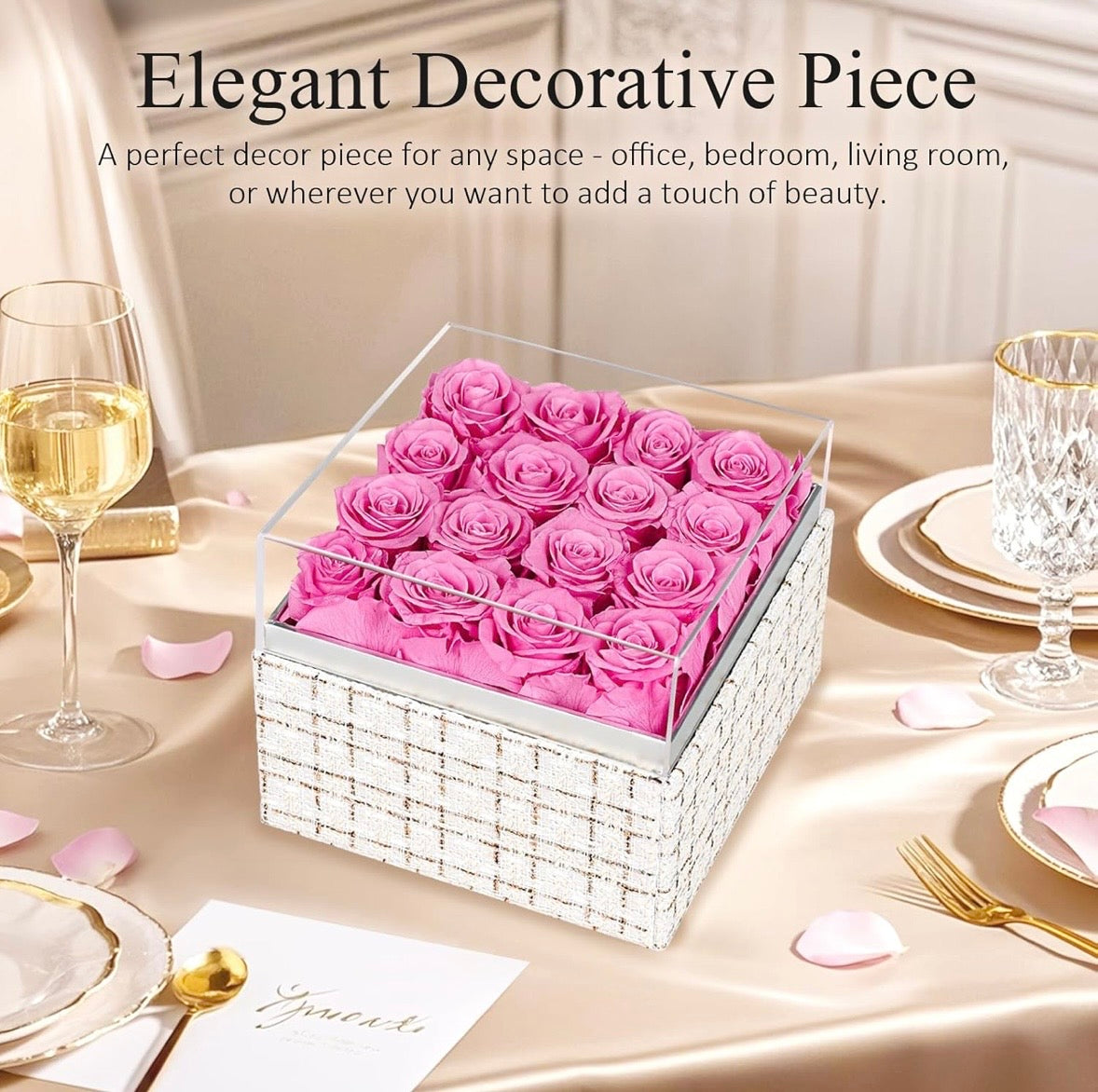 “Chic Thrills” 16 Count Preserved Rose Box, Eternal Pink / Red Forever Flowers Roses in Acrylic Box
