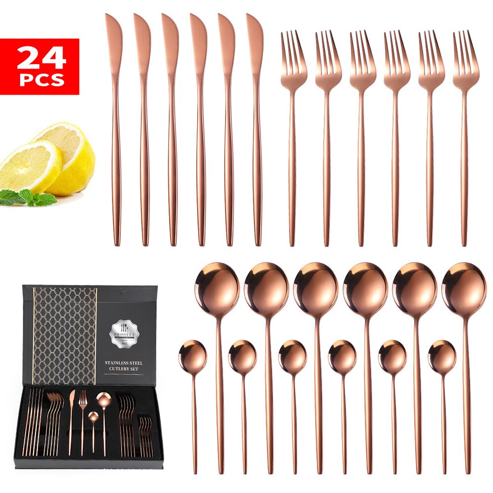 24pcs Dinnerware Set Stainless Steel Tableware Set Knife Fork Spoon Flatware Set Safe Cutlery Set Gift Box Restaurant Silver