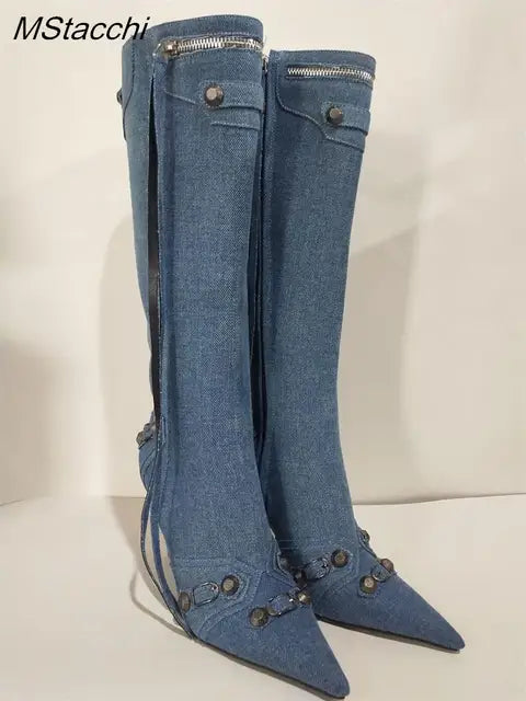 New Metal Rivet Women High Knee Boots Pointed Toe Thin Heels Designer Shoes Party Tassels Zipper-Sid Long Botas De Mujer