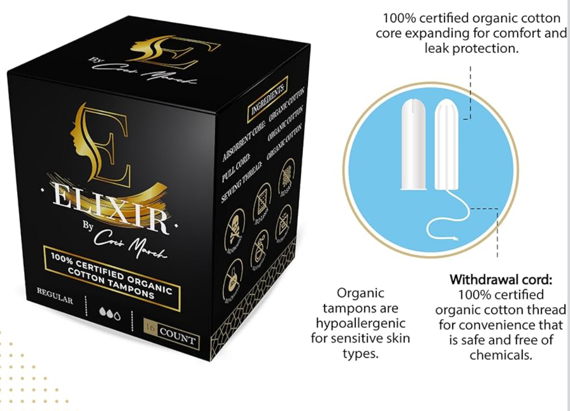 Elixir 100% certified organic cotton tampons packaging with product details on a white background.
