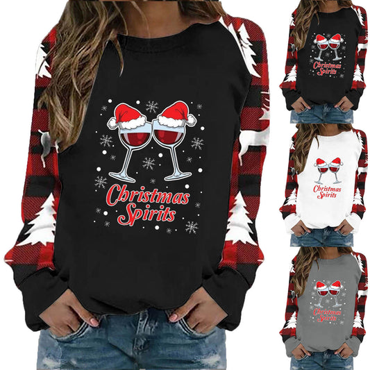 Christmas wine glass letter printed round neck casual long sleeved sweatshirt