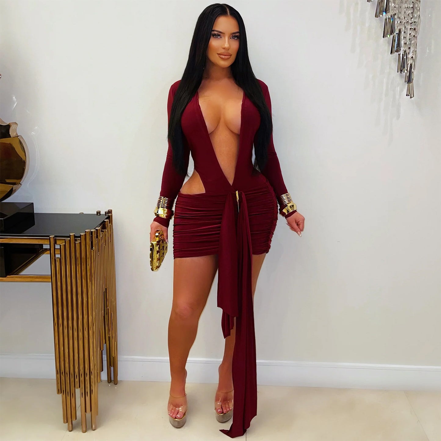 Fashion Women's Sexy Deep V Neck Solid Color Ribbon Dress Mini Dress