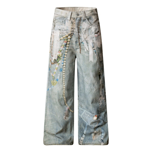 3D digital printed chain wide leg denim pants