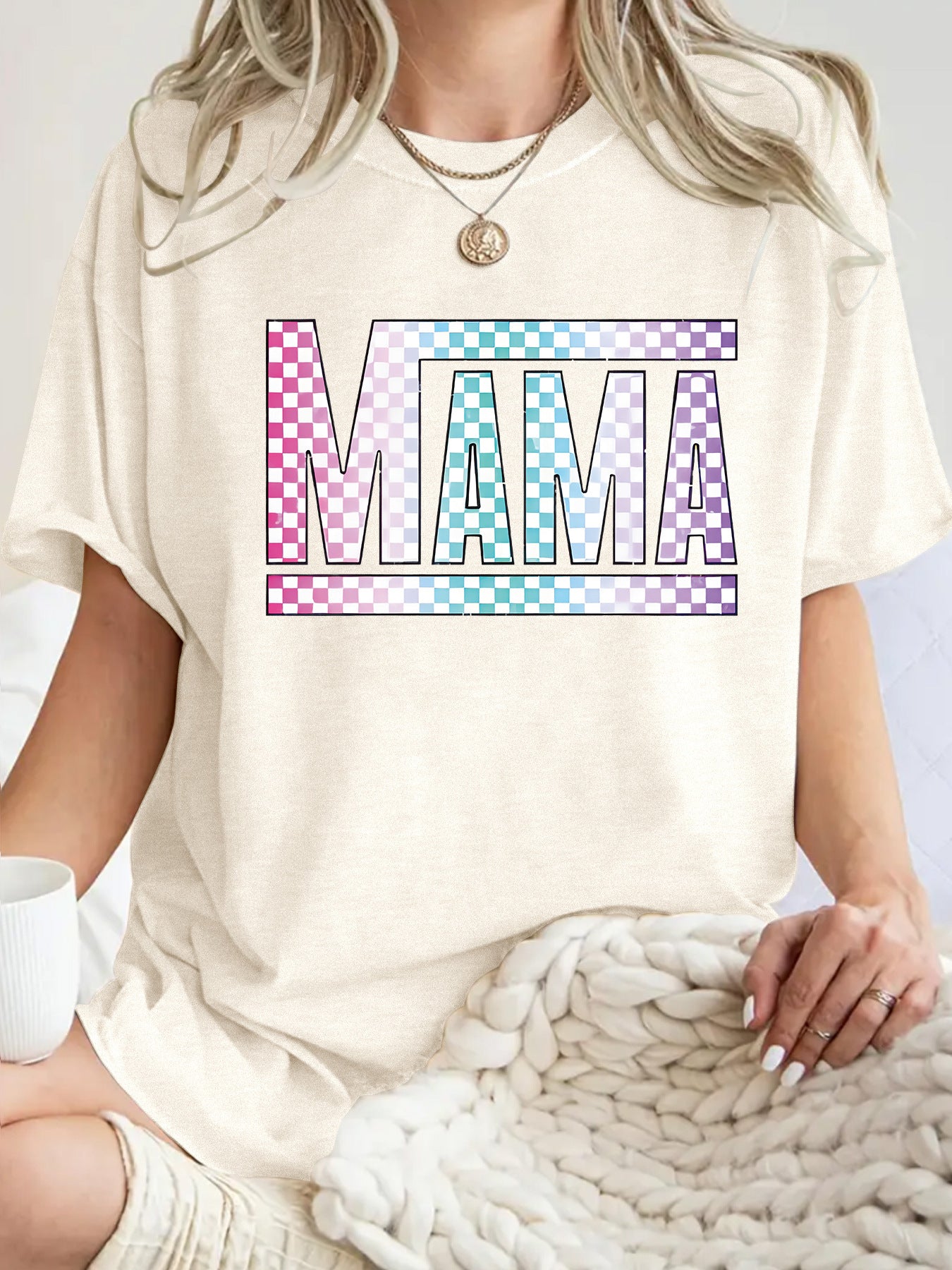 Mom's gift round neck pullover short sleeved shirt