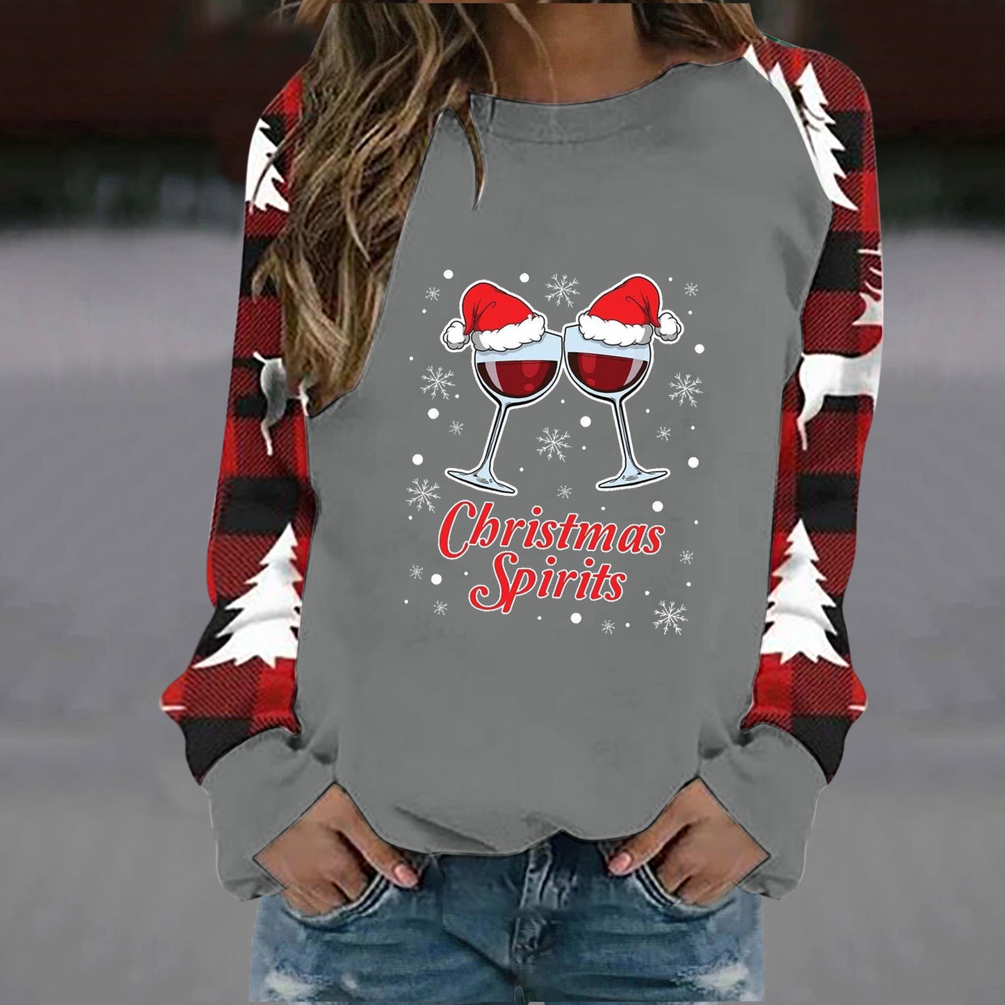 Christmas wine glass letter printed round neck casual long sleeved sweatshirt