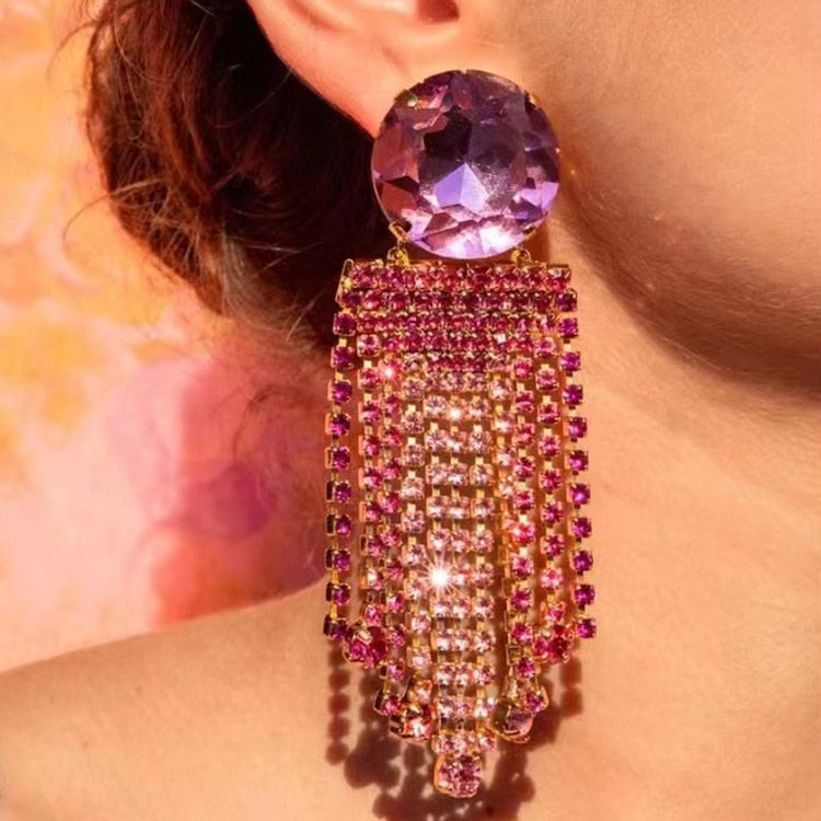 Super Flash Claw Chain Round Glass Diamond Alloy Diamond Long Tassel Fashion Earrings For Women