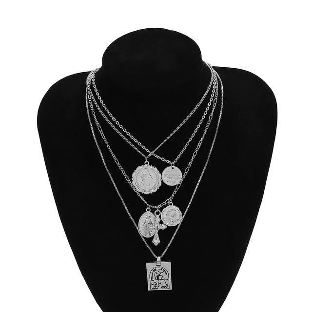 Vintage 4 Set Separable Chain Multi Layer Pendant Choker Necklaces Virgin Mary Jesus Cross Totem Square Jewelry Gift