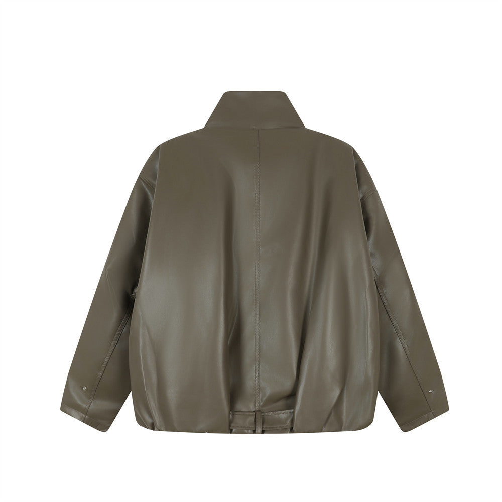 Cotton padded thick high neck PU leather jacket
