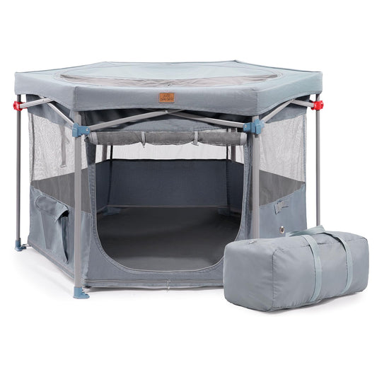 Portable playpen with mesh sides and a carrying bag on a white background. CANINE CANYON Zora Portable Pet Playpen Foldable Dog Playpens for Indoor and Outdoor Exercise Pop Up Pet Fence with Carrying Case for Dogs/Puppies Dove Gray 49" x 49" x 28"