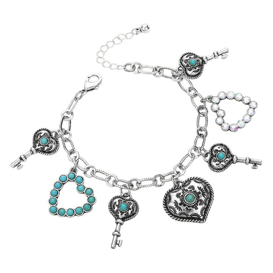 Western Heart Key Charm Station Bracelet