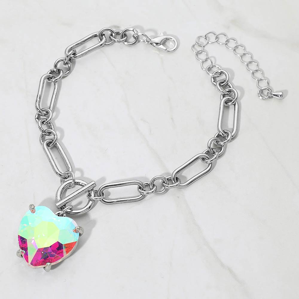 Chunky Heart Stone Cluster Toggle Charm Bracelet