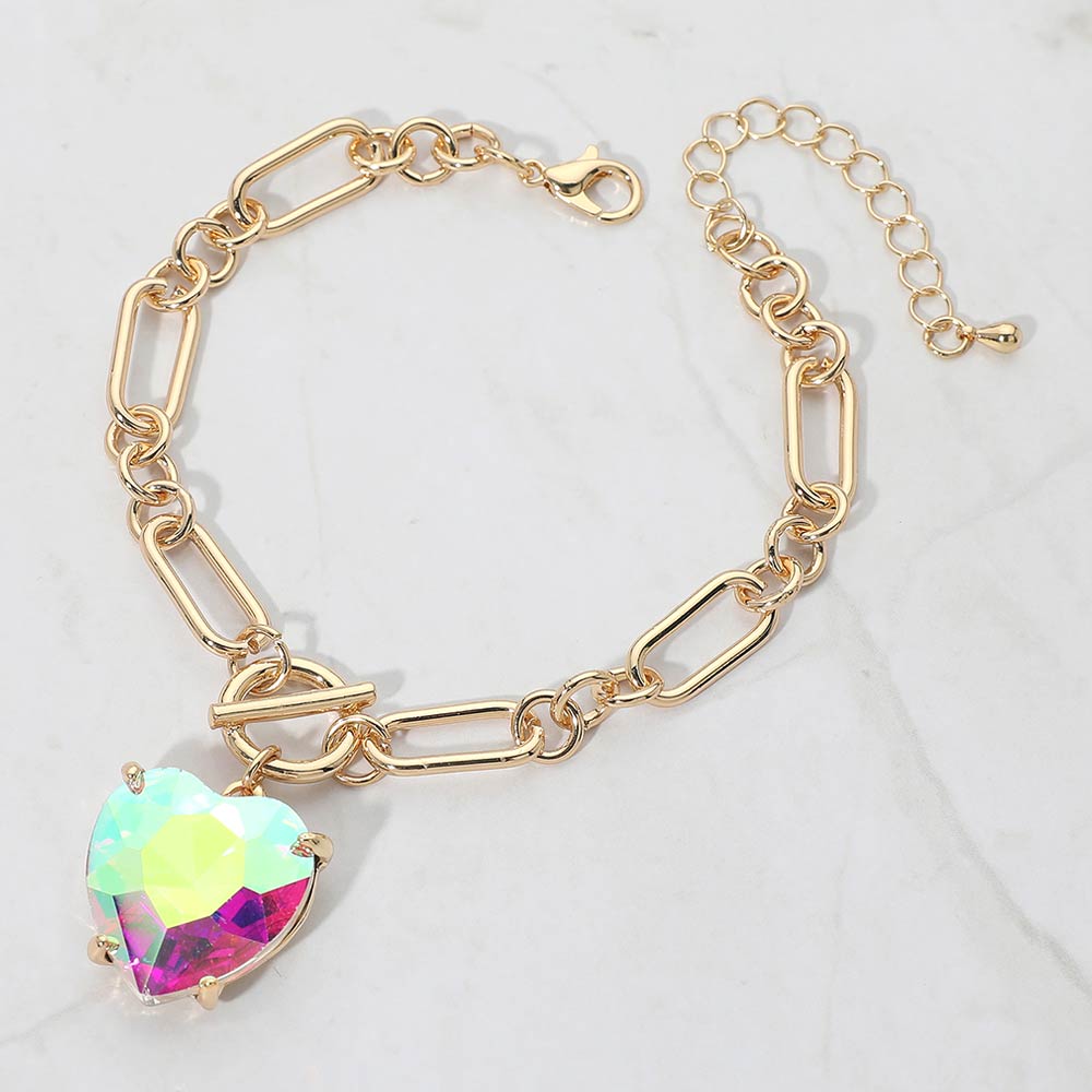 Chunky Heart Stone Cluster Toggle Charm Bracelet