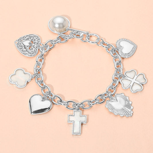 Metal Heart Pearl Clover Cross Charm Station Bracelet