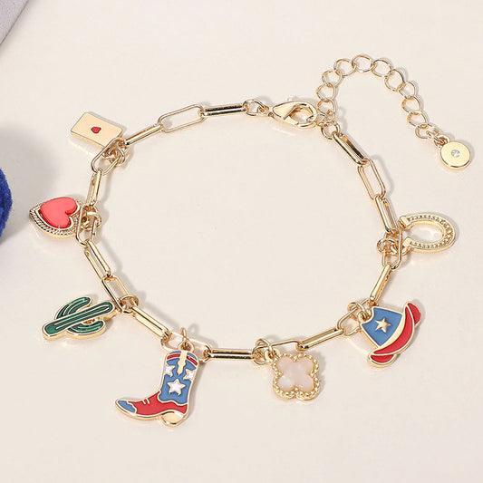 Enamel American USA Flag Western Cowboy Boot Hat cactus Heart Horseshoe Quatrefoil Charm Station Bracelet