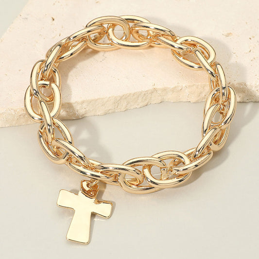 Metal Cross Charm Chunky Chain Link Stretch Bracelet