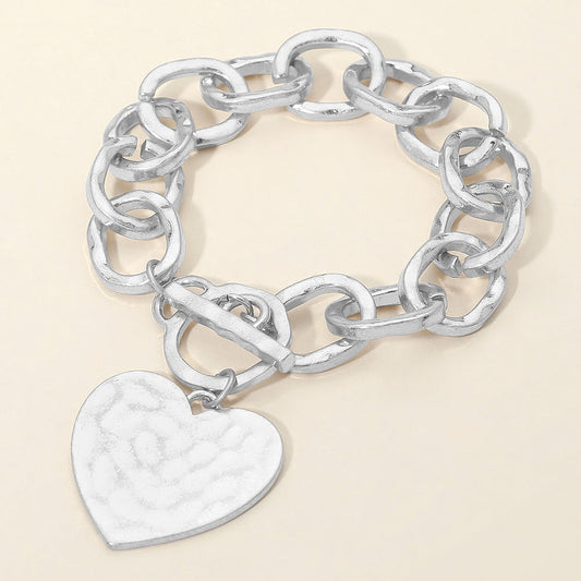 Hammered Metal Heart Charm Chunky Chain Toggle Bracelet